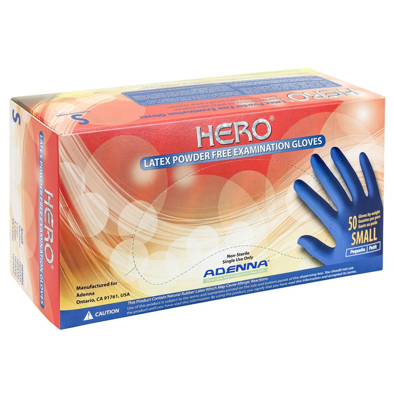 Adenna HER002 Hero 14 mil Powder-Free Latex Gloves, Extended Cuff, Medical Grade, Blue, Small, Box of 50 - Image 1